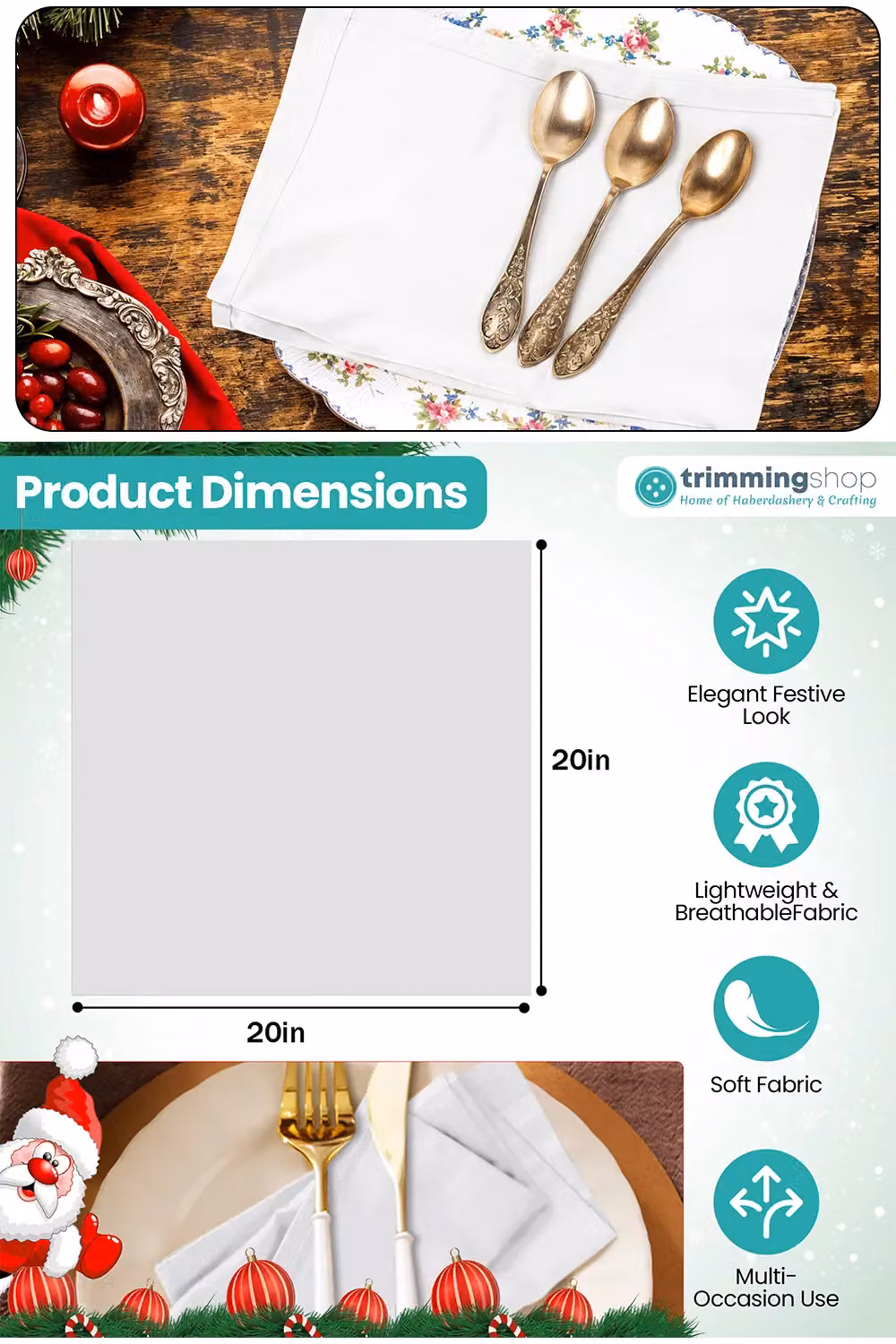Neel Blue White Christmas Table Napkins, 10-Piece Set, Stain-Resistant 100% Spun Polyester – 2