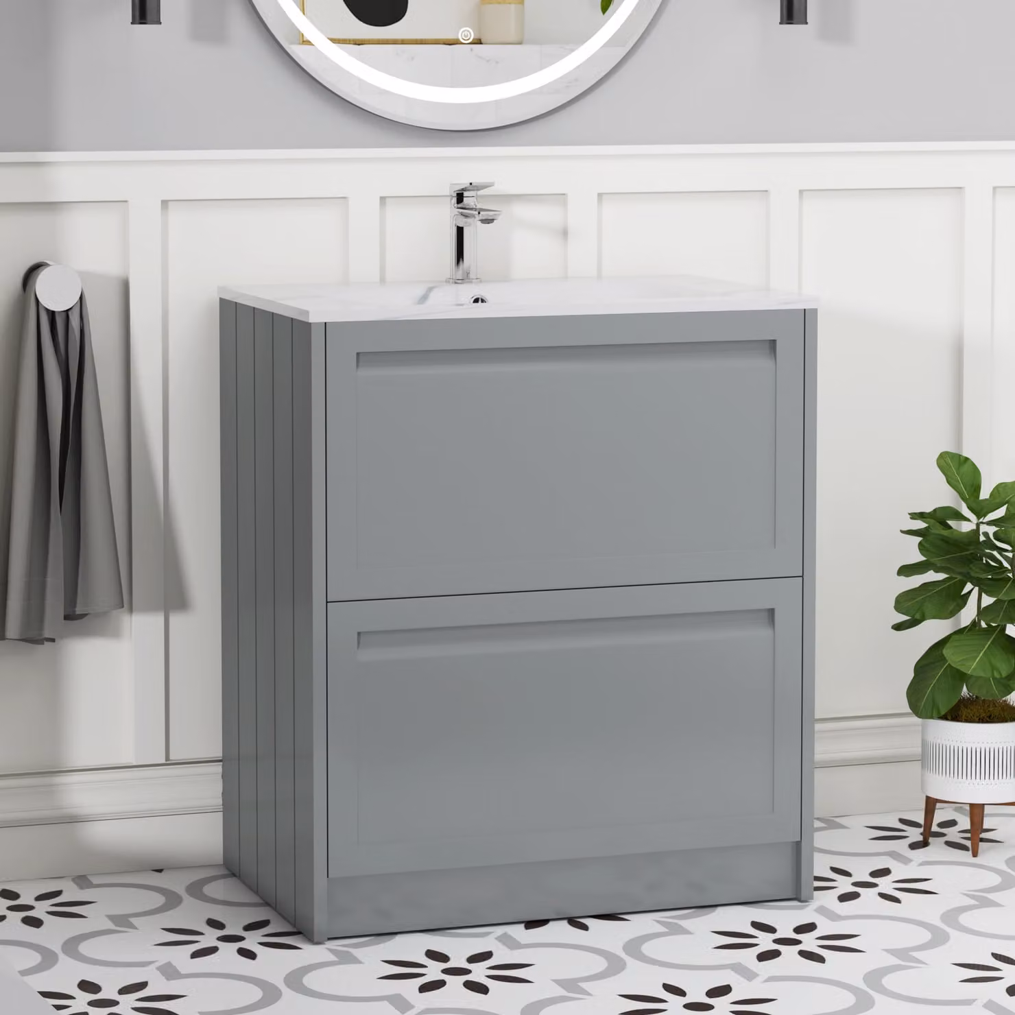 Royal Bathrooms Elmore Traditional 2 Drawer Floor Standing Vanity Unit in Matt Pebble Grey with Carrara White Basin