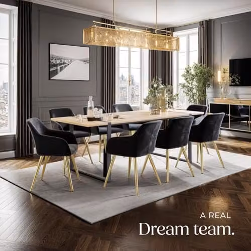 tectake Set of 6 Velvet Dining Chairs with Armrests and Gold Steel Legs, Black/Gold – 2