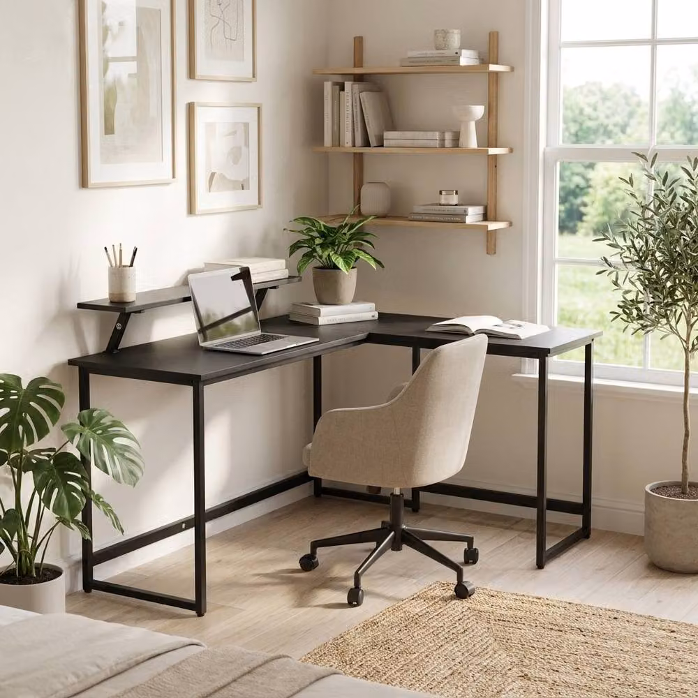 Abrihome L-Shaped Corner Office Computer Desk in Black Industrial Rustic Style – 6