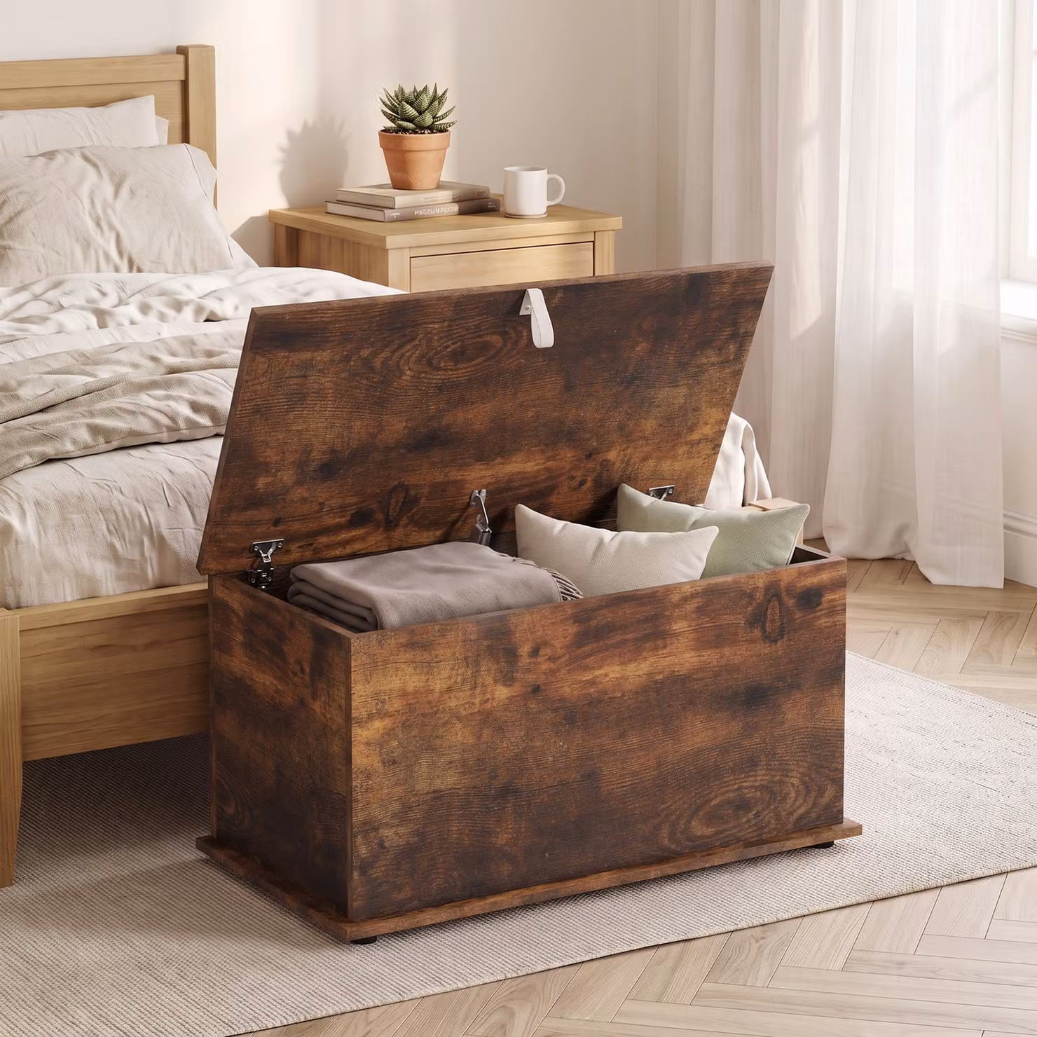 HOMCOM Storage Chest and Shoe Bench with Safety Hinged Lid, 102L Capacity, Rustic Brown, W: 80 cm, D: 40 cm, H: 45 cm – 2