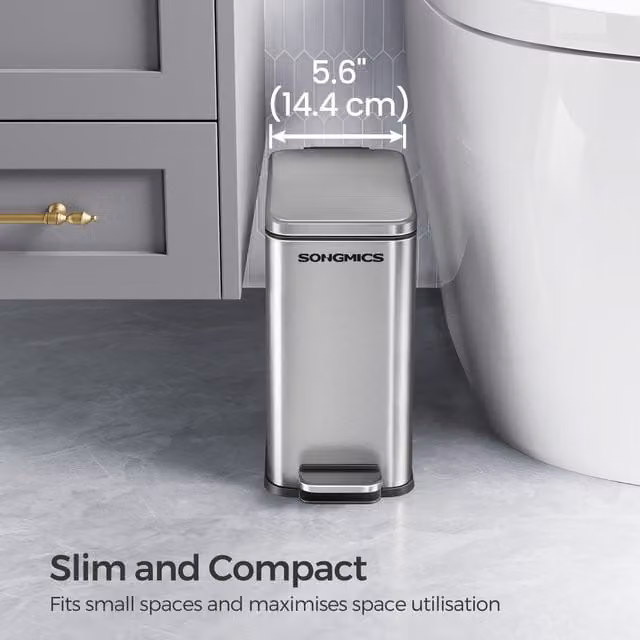 SONGMICS Slim Stainless Steel Pedal Bathroom Bin with Soft Close Lid and Removable Inner Bucket, Silver
