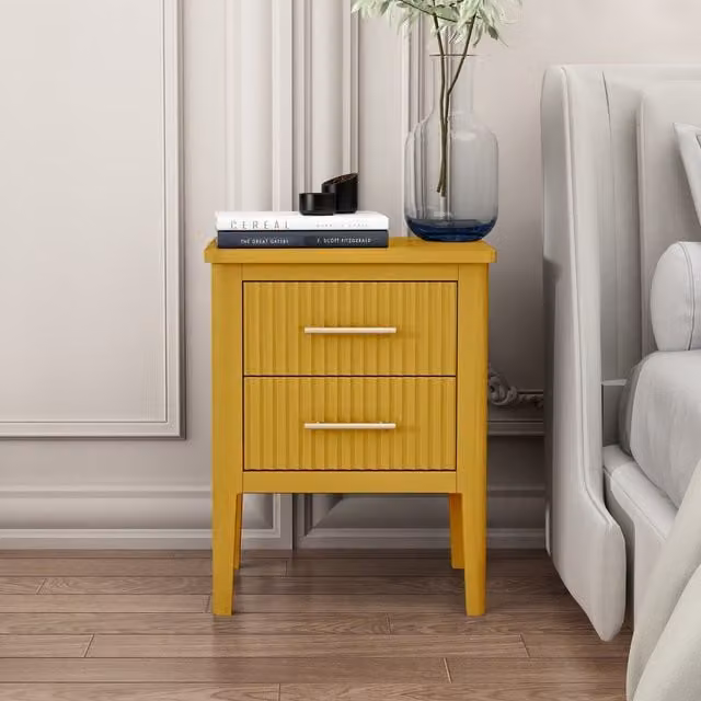 Cabinet Bits Mid Century Striped Yellow 2 Drawer Bedside Table