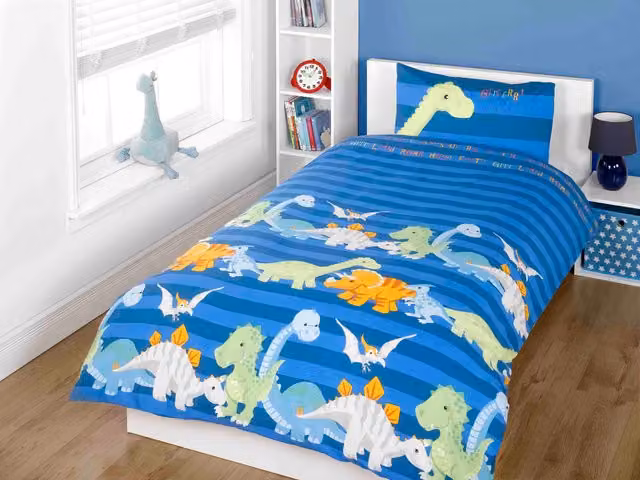Rapport Home Dinosaur Polycotton Kids Duvet Cover and Pillowcase Set in Black and Blue, W: 90 cm, L: 200 cm – 1