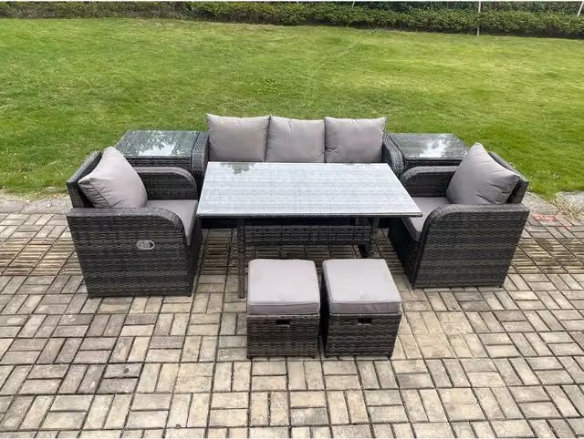 Fimous 8-Piece Modern Rattan Garden Dining Set in Grey with Glass Tabletop