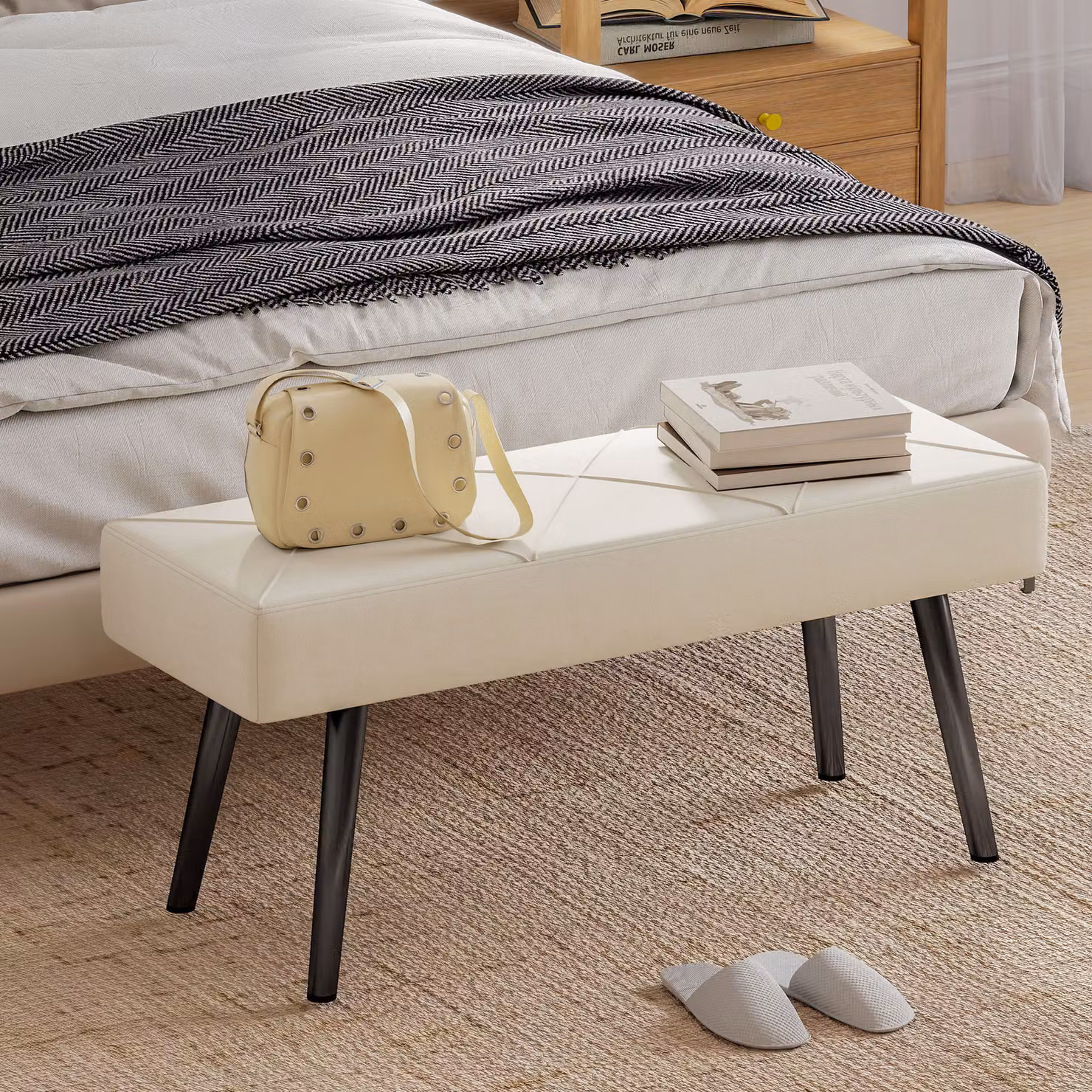 HOMCOM Modern Velvet Upholstered Hallway and Bedroom Bench in Beige with Metal Legs, W: 120 cm, H: 45 cm, D: 40 cm – 2