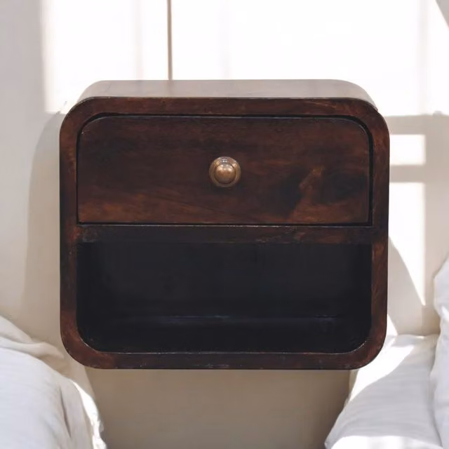 Artisan Furniture Solid Mango Wood Mini Curved California Walnut Wall Mounted Bedside with Open Slot, Brown