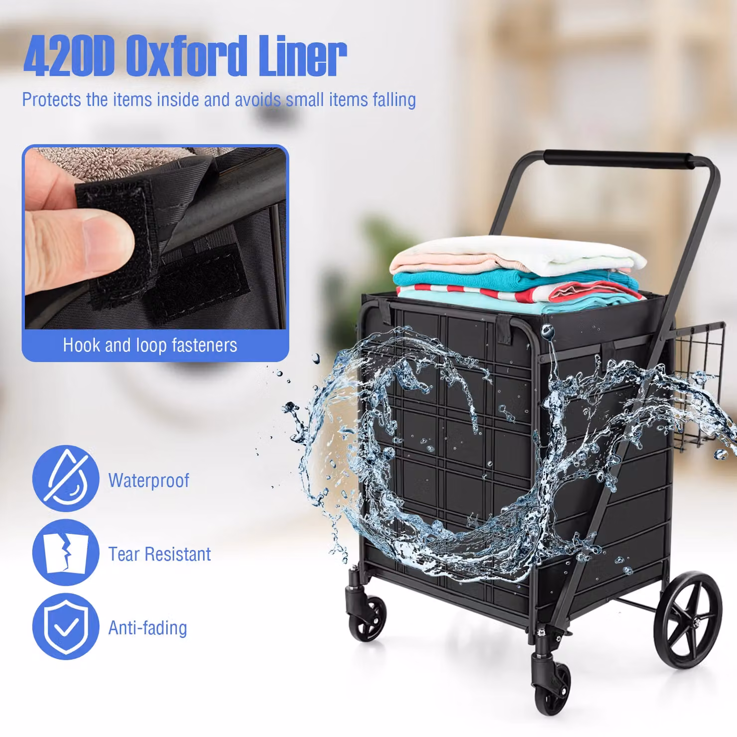 Gymax Folding Shopping Cart with 126L Waterproof Liner in Black – 5