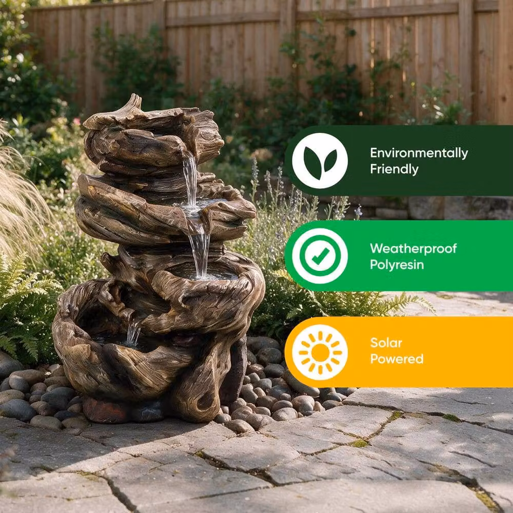 Gardenwize Solar Powered Rock Stack Cascade Garden Water Fountain in Brown, W/D/H: 30.0 x 22.0 x 47.2 cm – 4