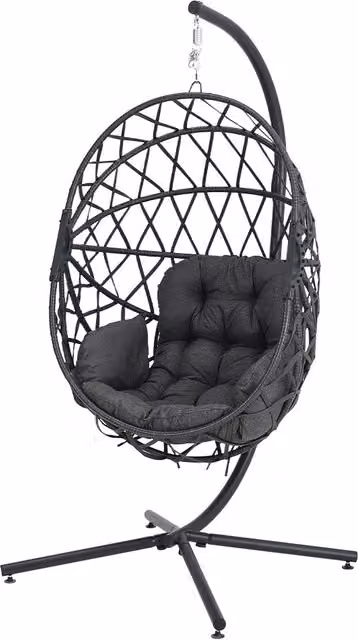 Kidkid Modern Woven Rattan and Metal Hanging Outdoor Egg Seat with Cushion in Black