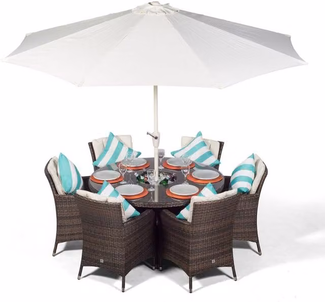 Giardino Savannah Round Rattan Patio Dining Set with Ice Bucket Drinks Cooler in Brown, 6 Seater
