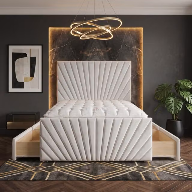Somnior Beds Ltd Sunrise White Velvet Divan Bed with Hybrid Mattress and Drawers W/D/H: 140 x 200 x 115 cm