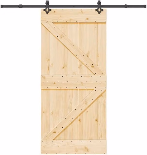 Berkfield Home Rustic Solid Wood Pine Sliding Door with Hardware Set in Brown, W: 95 cm, H: 210 cm