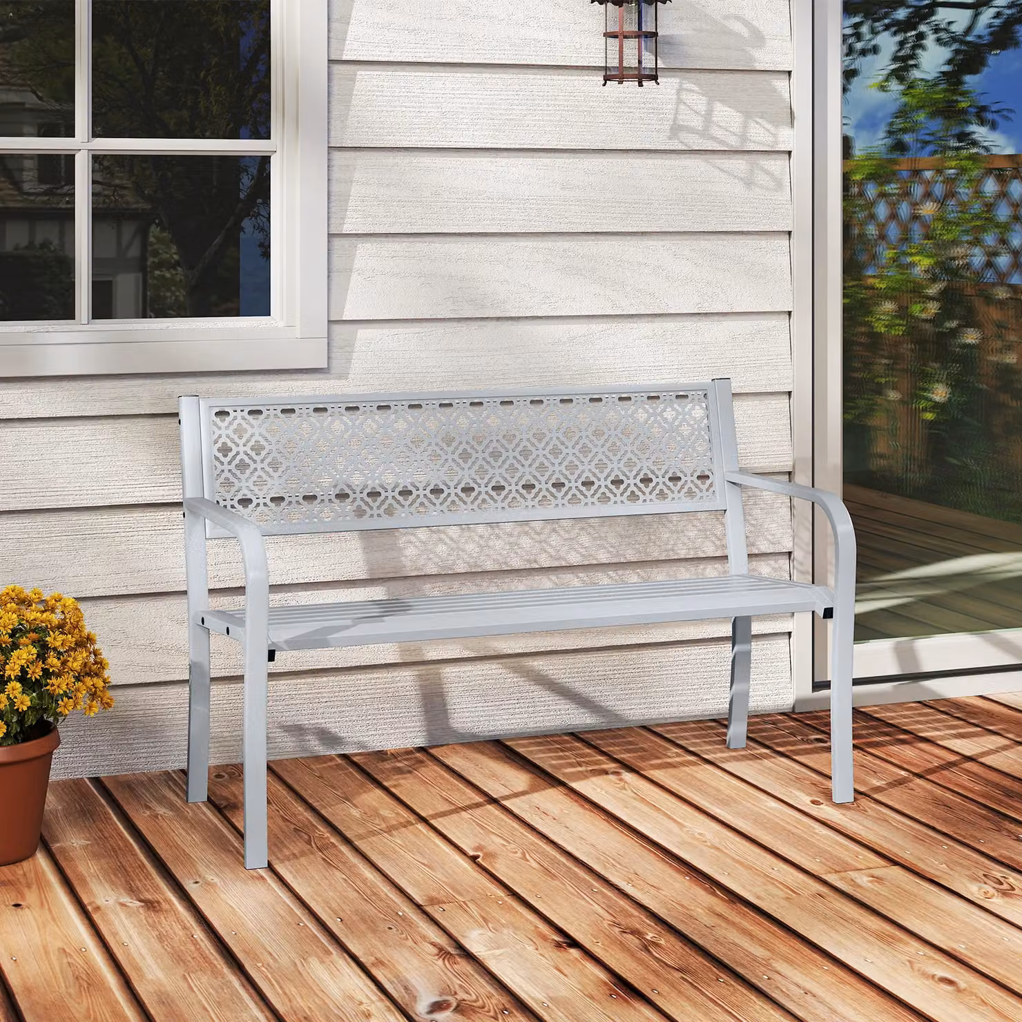 Costway Modern Geometric Metal Outdoor Garden Bench in Grey – 3