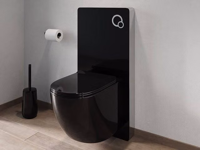 Vente-unique Wall-Hung Rimless Ceramic WC Pack with Decorative Concealed Cistern Frame in Gloss Black