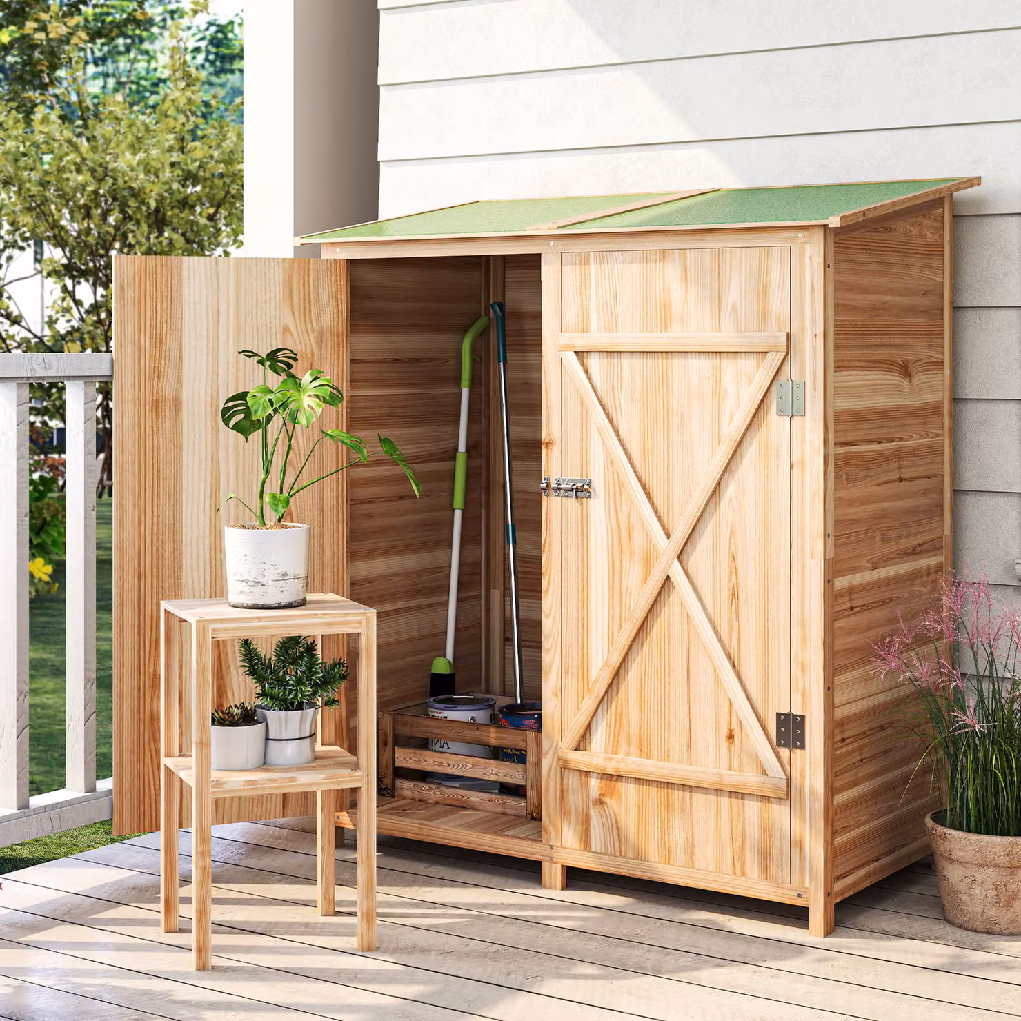 Outsunny Brown Rustic Wood Garden Shed with Double Doors and Pent Roof, W: 140 cm, H: 75 cm – 2