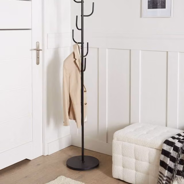 Wyld and Coco Black Metal Industrial Coat Stand with Six Hooks, Height: 170 cm
