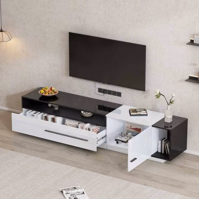STILVORA Modern Glossy TV Stand in Black and White with 1 Drawer and 3 Shelves, W/D/H: 170 x 42 x 42 cm – 1