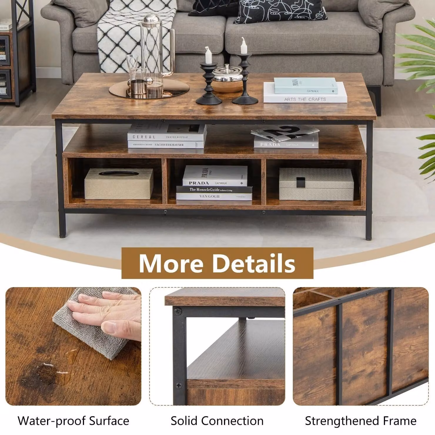 Costway Industrial Wooden Coffee Table with Storage Shelf in Brown – 4