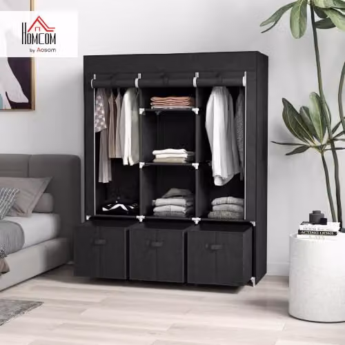 HOMCOM Black Fabric Wardrobe with Roll Shutter, Hanging Rod, Internal Shelves and Drawers – 2