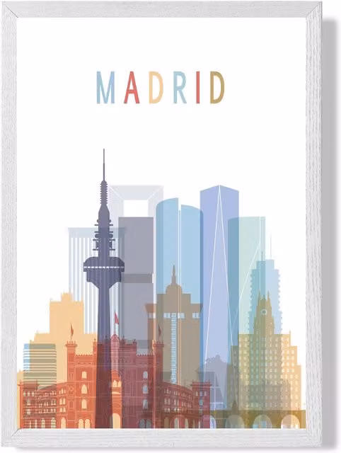 ARTZE Madrid Colourful City Skyline Framed Print, A3, White Frame, Multicolour