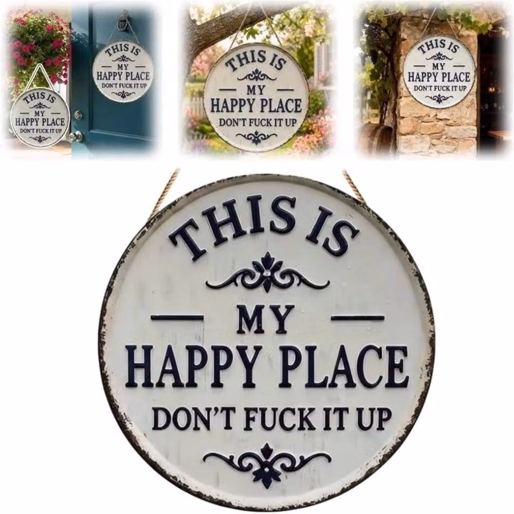 FLAVORA Round Metal Happy Place Welcome Garden Sign in White, Diameter: 30 cm – 2