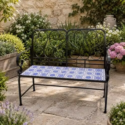 SHATCHI Porto 2 Seater Mosaic Garden Bench with Blue Ceramic Tile Seat and Lacquered Metal Frame, W: 112 cm, H: 96 cm, D: 47 cm – 8