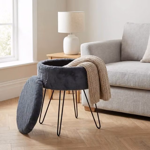 GAVENO CAVAILIA Ikat Faux Fur Storage Hairpin Stool in Charcoal Grey – 1