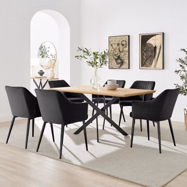FurnitureboxUK Leonardo Oak Effect Dining Table with 6 Calla Black Velvet Chairs