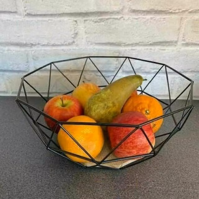 Marco Paul Large Geometric Black Metal Wire Fruit Basket with Wooden Base