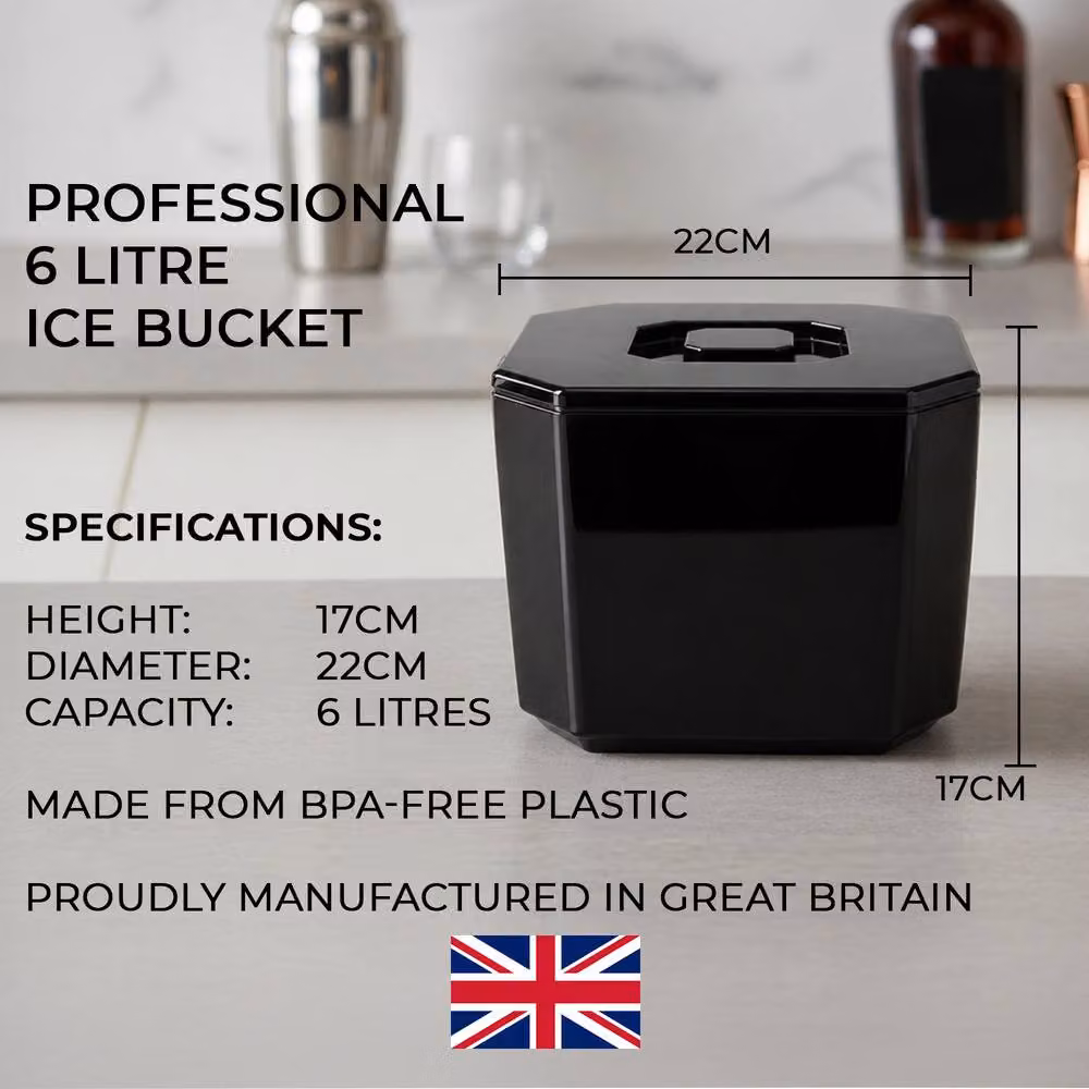 Chabrias Ltd Black Insulated Ice Bucket with Lid and Drainage Liner, 6 l – 7