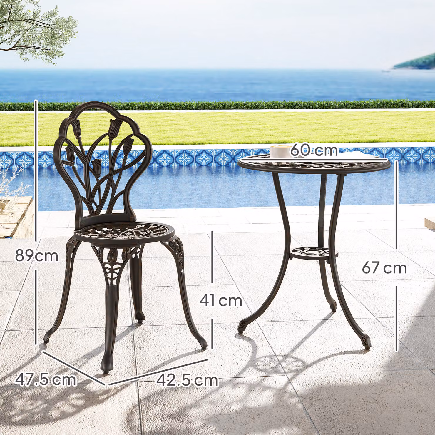 Outsunny 3 Piece Bronze Tone Aluminium Patio Bistro Set for 2 with Round Table and Umbrella Hole – 3