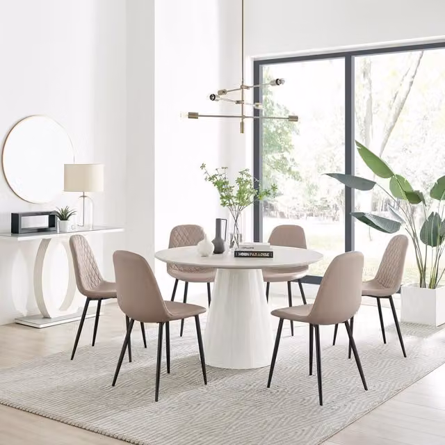 FurnitureboxUK Palma Beige Stone Effect Round Dining Table and 6 Corona Black Leg Chairs in Cappuccino