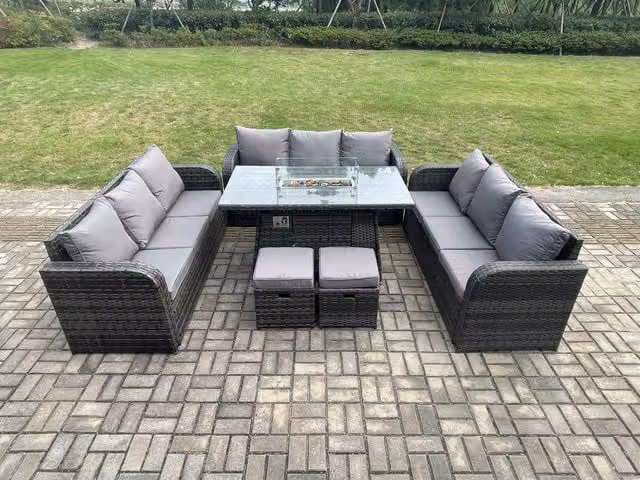 Fimous Rattan Garden Dining Set with Gas Fire Pit Table, Lounge Sofa and 2 Small Footstools in Dark Grey