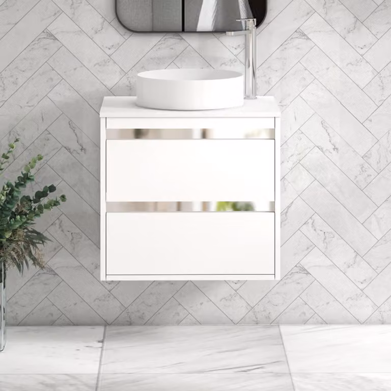 Royal Bathrooms Orion 600mm Matt White Wall Hung Vanity Unit with 2 Drawers and Plain White Undrilled Worktop