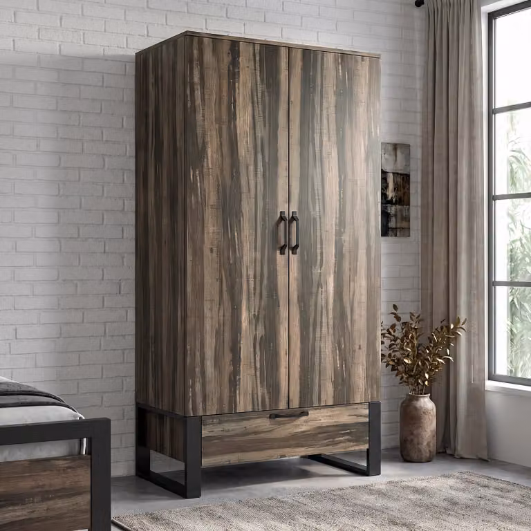 Rustvale Industrial 2 Door Wardrobe with Drawer and Hanging Rail in Black and Brown