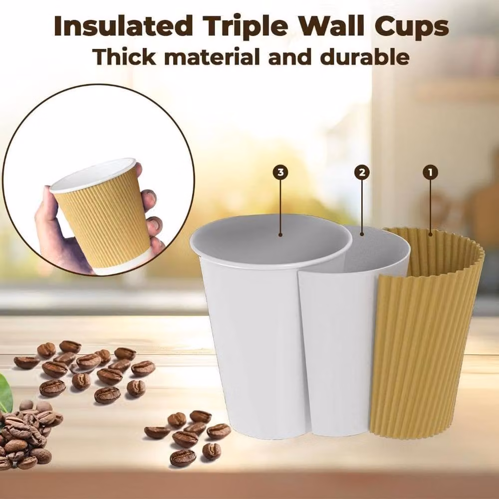 ECONX 200 Disposable Kraft Ripple Paper Coffee Cups for Hot Drinks, Brown, 8oz – 2
