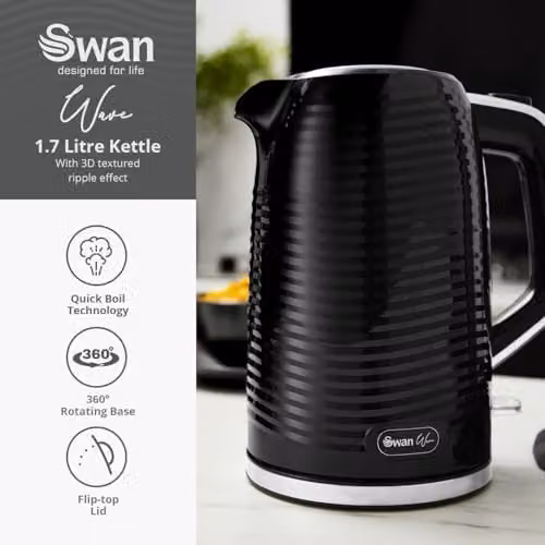 Swan Wave Cordless Plastic Kettle, 1.7 l, Black, with Auto Shut-Off and Limescale Filter – 2