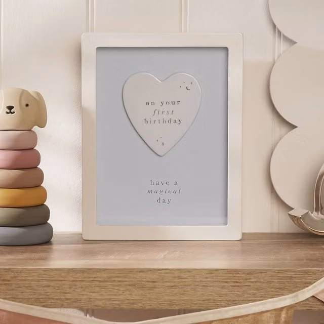 Bambino by Juliana 1st Birthday Heart Shaped Framed Plaque in Light Blue and White – 1