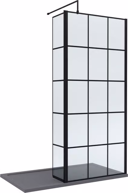 Balterley 8mm Glass Walk-In Wetroom Screen with Return and Tray, Black Framed, W: 1400 mm, D: 800 mm
