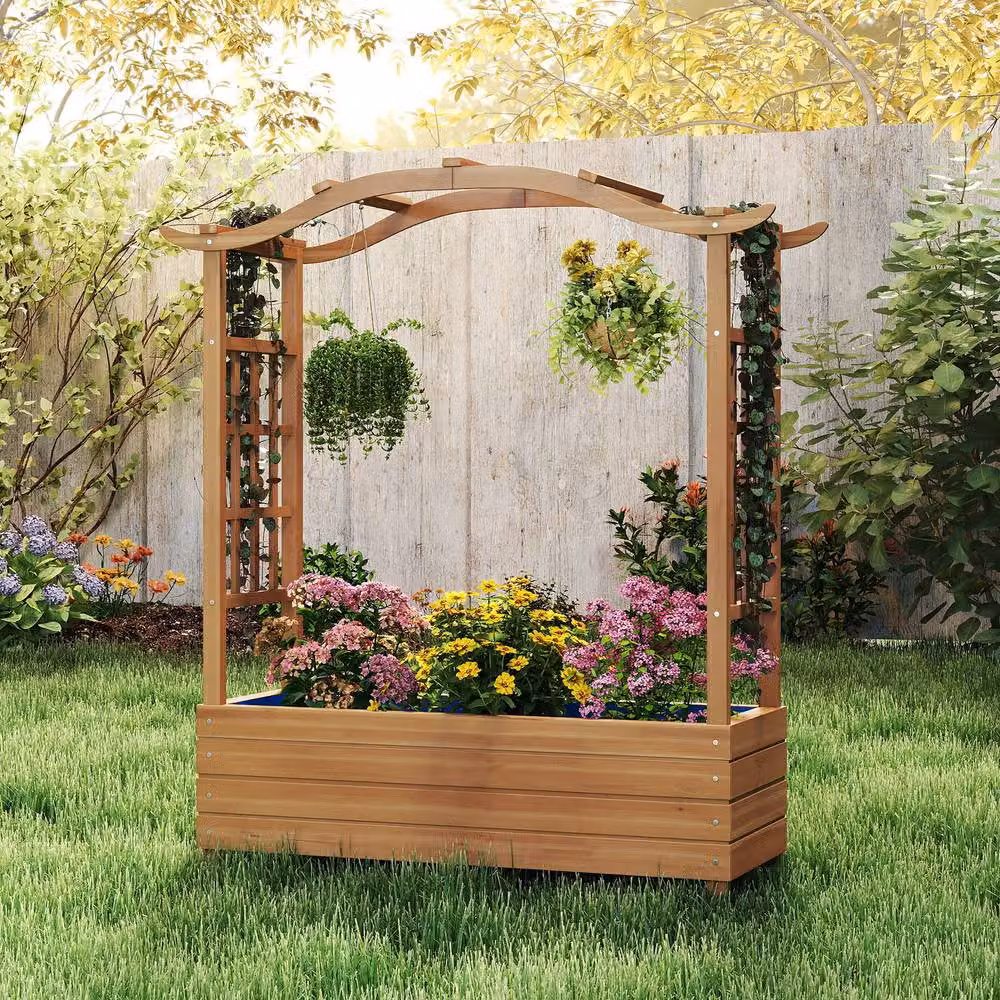 Gymax Solid Wood Raised Garden Bed with Trellis and Hanging Roof, Brown, W/D/H: 124 x 36 x 99 cm – 6