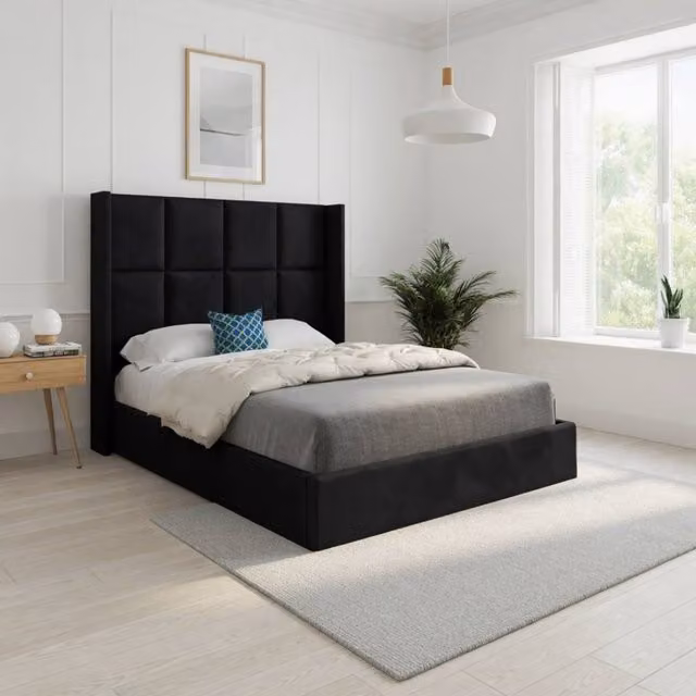 KDMD Stafford Winged Upholstered Designer Bed Frame in Black Soft Velvet, Size: Single (W/D/H: 90 x 200 cm) – 1