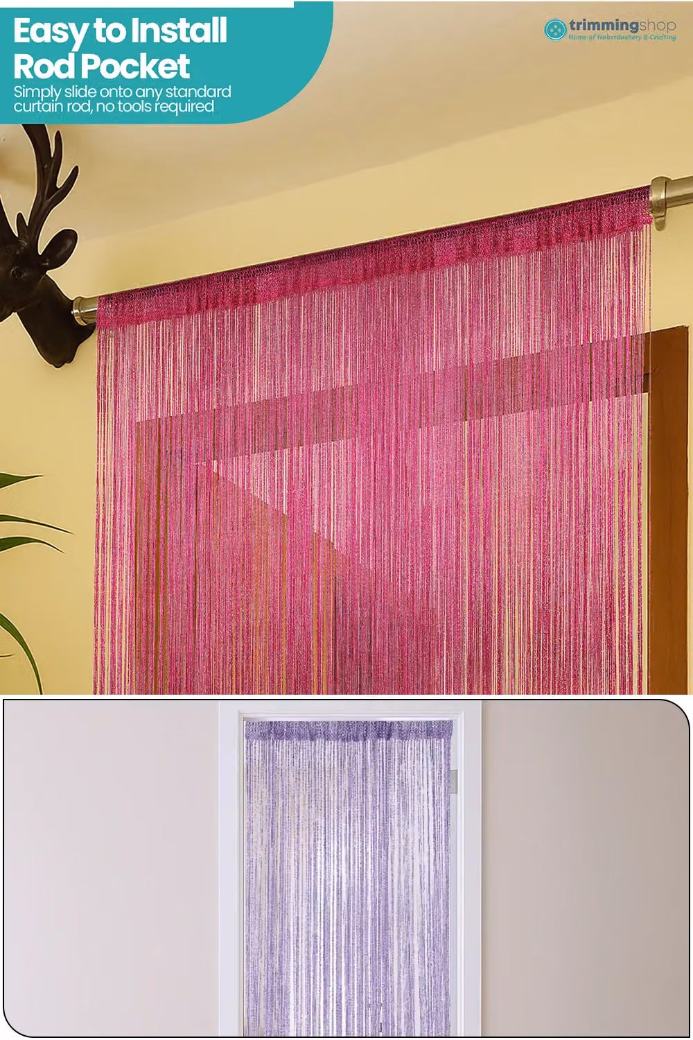 Neel Blue Glitter String Curtain in Fuchsia Pink, Polyester Fringe Tassel Panel, W: 90 cm, H: 200 cm – 3