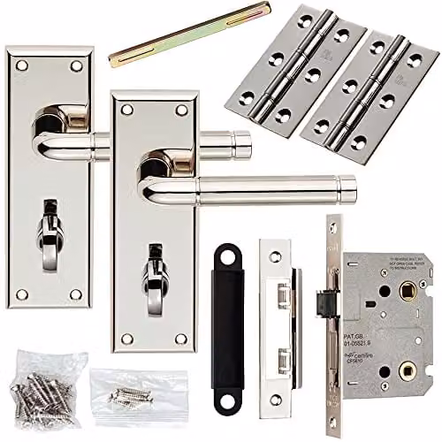 Loops Door Handle and Bathroom Lock Pack in Polished Silver Chrome with Round Lever Backplate – 1