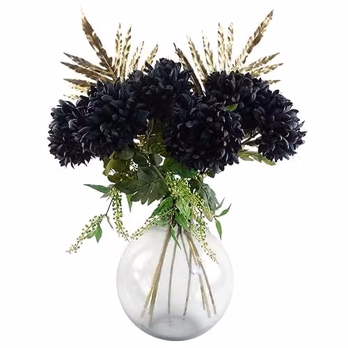 Leaf Pack of 6 Black Textile Artificial Extra Large Reflex Chrysanthemum, Height: 75 cm – 2