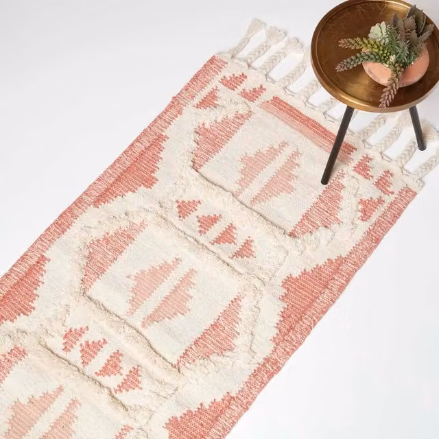 Homescapes Pink Boho Kilim Wool and Cotton Flat Weave Rug, Width: 200 cm