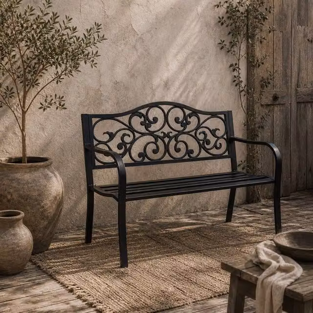 Wyld Haus Faneso 2 Seater Garden Bench in Matt Black Metal with Floral Backrest and Armrests – 1