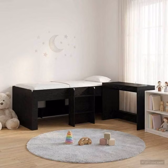 Berkfield Home Kids High Bed Frame with Desk in Black Oak Engineered Wood – 1