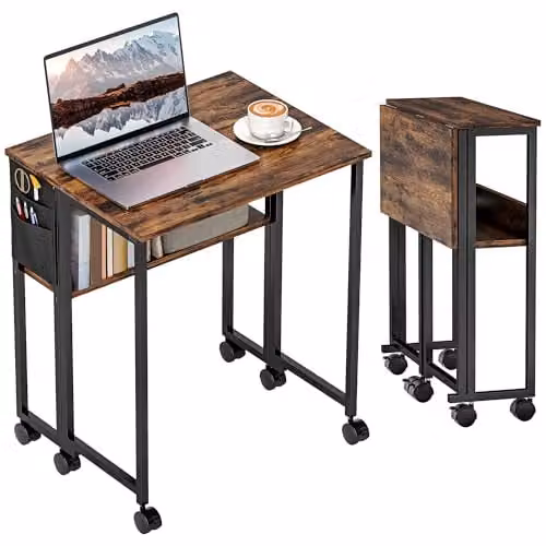 HOMCOM Folding Writing Desk with Storage Shelf and Bag in Rustic Brown