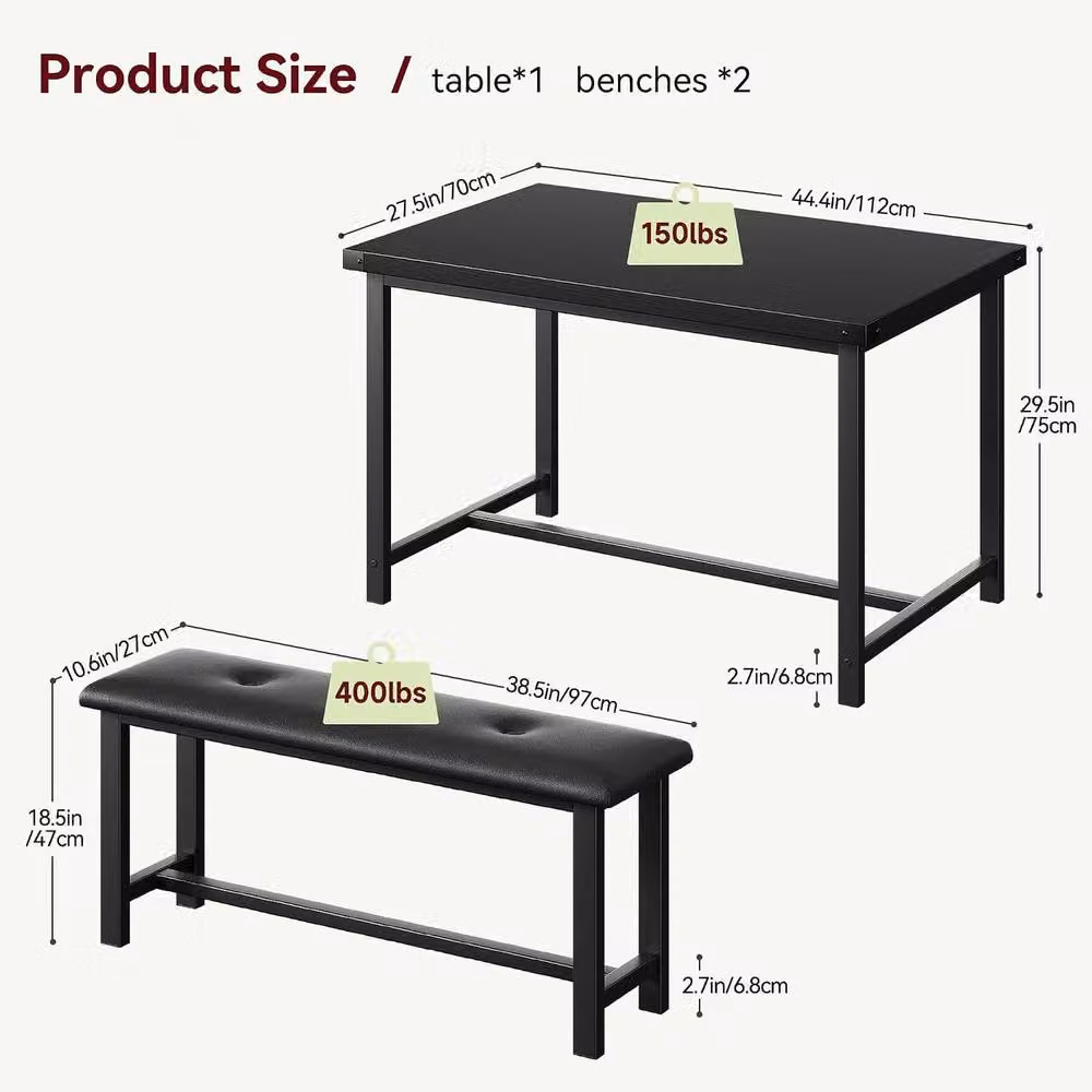 London Boutique 3-Piece Dining Set with Rectangular Table and 2 Upholstered Benches in Black, W/D/H: 136 x 70 x 75 cm – 2